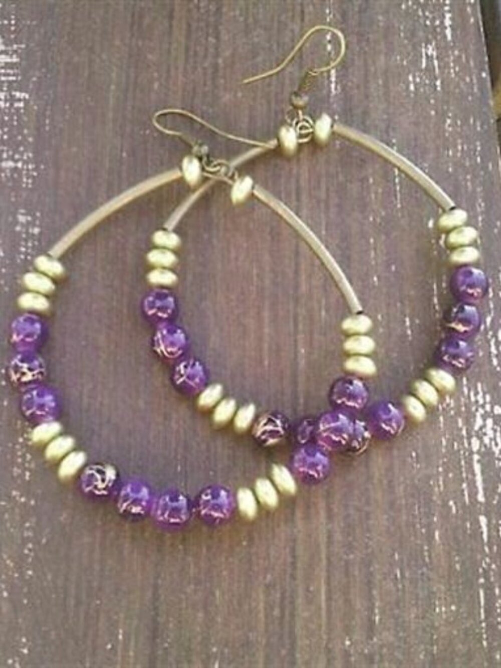 Handcrafted Big Beaded Hoop Earrings 3" Long Antiqued Brass Gold Purple
